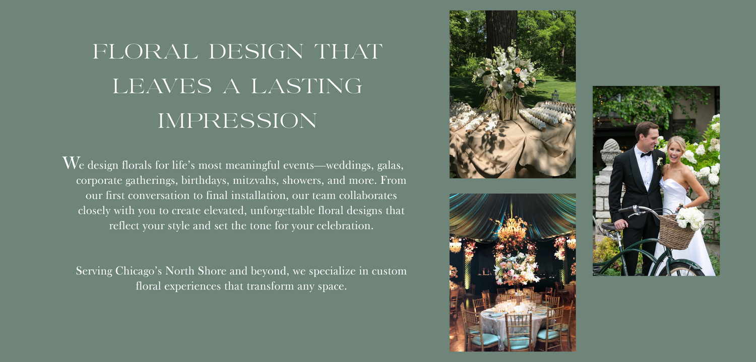 Advertisement for floral design services with images of floral arrangements and a couple, set against a green background.