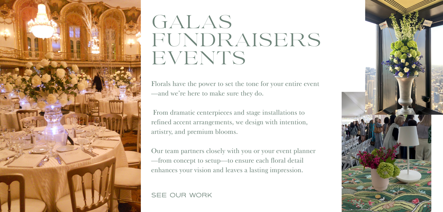 Advertisement for galas, fundraisers, and events with floral arrangements and elegant settings.
